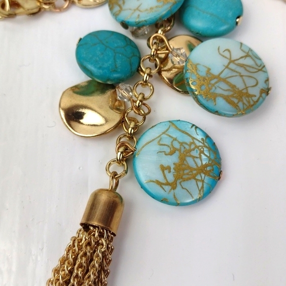 Gold & Marbled Turquoise Like Stone Fringed Beachy Vibe Lariat Bolo Necklace - Picture 10 of 12